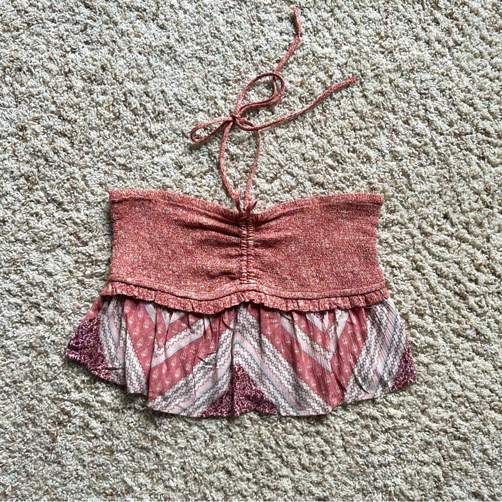 American Eagle Women’s Paisley Maroon Smocked Peplum Hem Crop Top. Size S. NWOT!